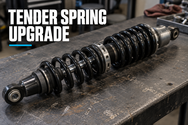 Tender spring upgrade graphic showing a coilover shock on a workshop bench.