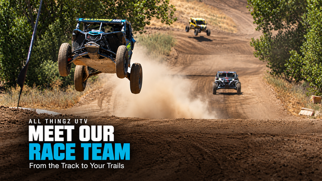 All Thingz UTV race-team cover showing a UTV jumping on a dirt track, with the title Meet Our Race Team.
