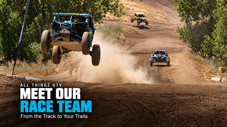 All Thingz UTV race-team cover showing a UTV jumping on a dirt track, with the title Meet Our Race Team.