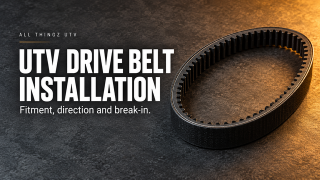 Black UTV drive belt with amber lighting beside the heading UTV Drive Belt Installation.