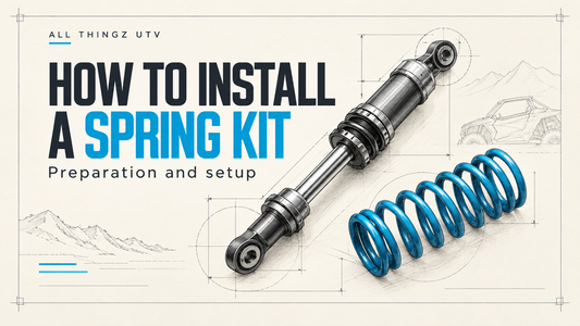 Technical illustration of a blue spring and shock beside the heading How to Install a Spring Kit.