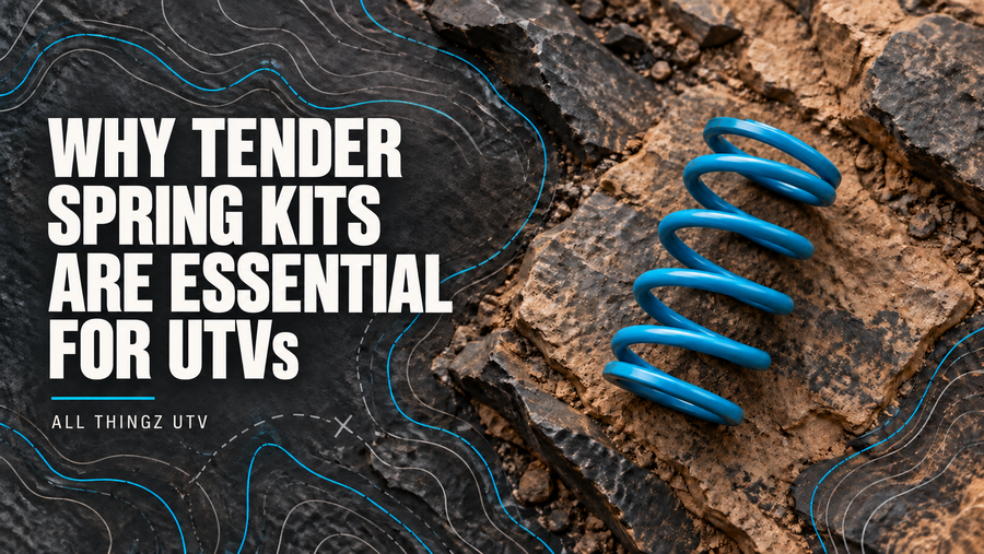 Illustration of a blue coil spring on rocky terrain with topographic lines and the title Why Tender Spring Kits Are Essential for UTVs.