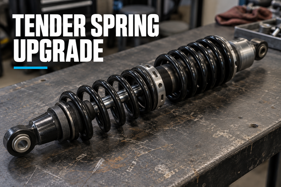 Tender spring upgrade graphic showing a coilover shock on a workshop bench.