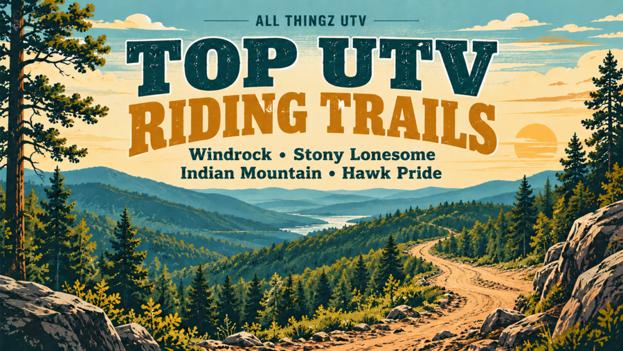 Vintage landscape poster showing an empty trail through forested hills, titled Top UTV Riding Trails.