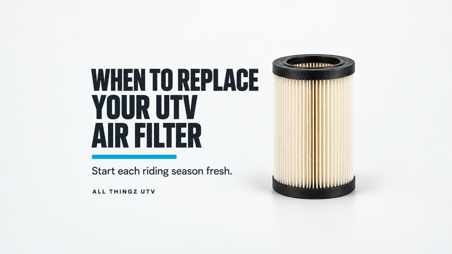 Illustration of a pleated air filter with the text: When to replace your UTV air filter. Start each riding season fresh. All Thingz UTV.