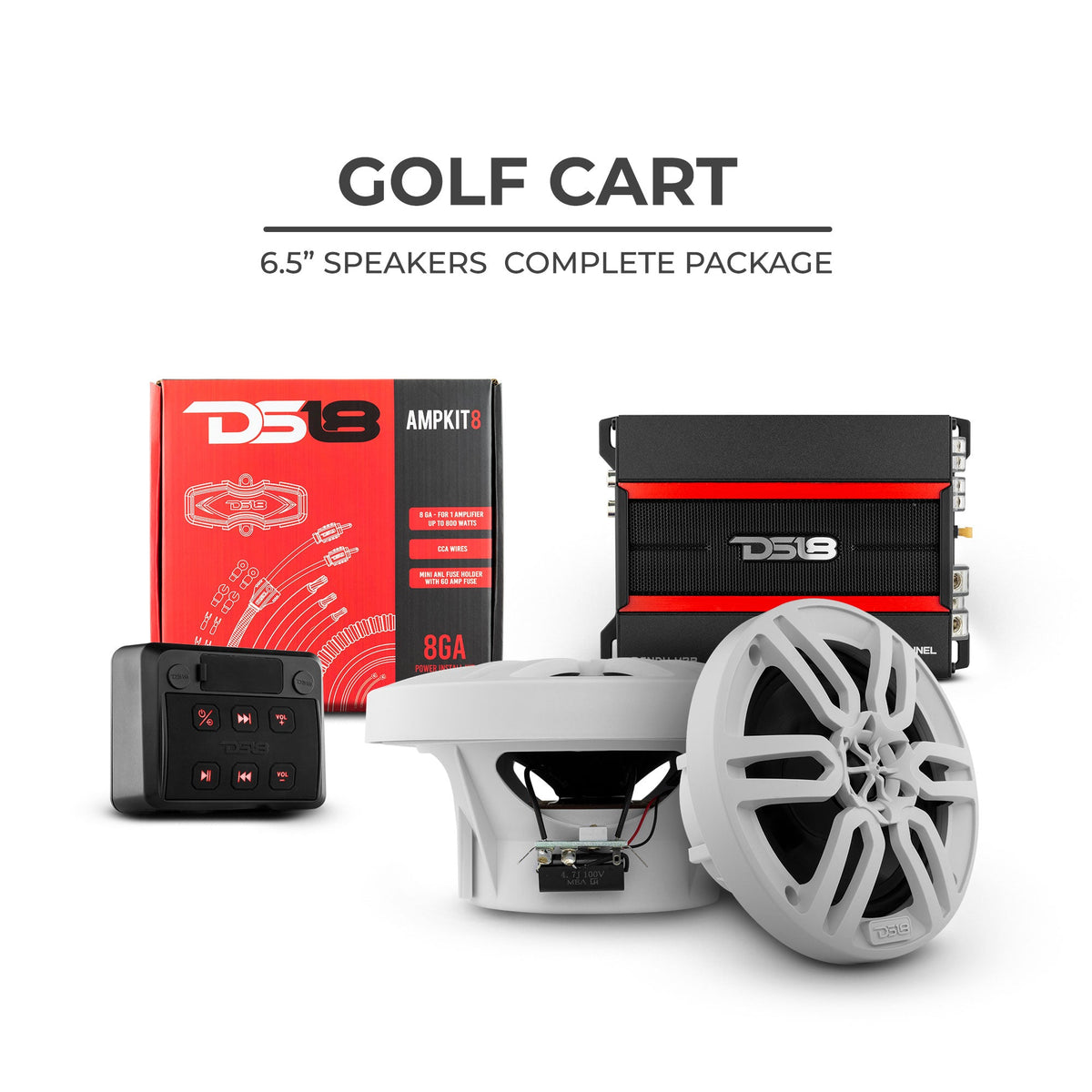 DS18 Golf Cart Package - 2 x 6.5” Marine Speakers +1 x 2 Ch Amp +1 x AMPKIT8 +1 x ENSBTRC-SQ, BLACK or WHITE.