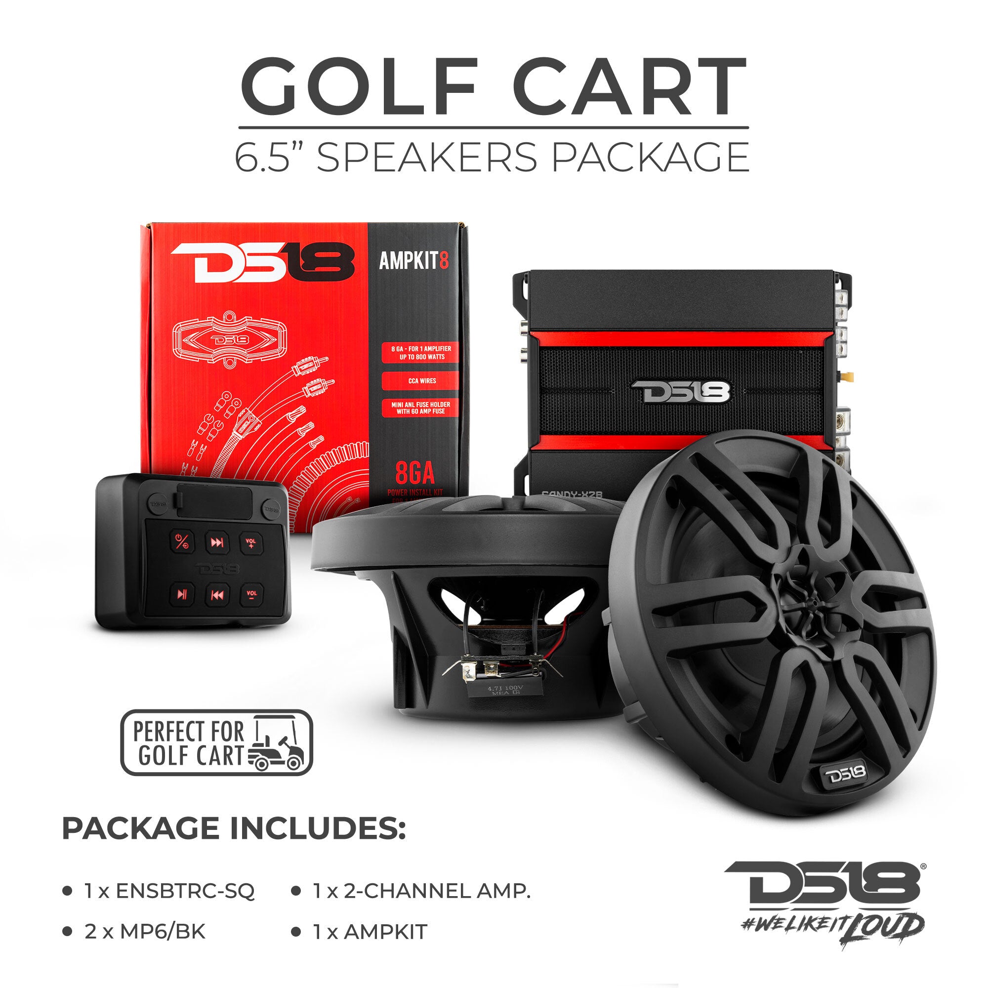DS18 Golf Cart Package - 2 x 6.5” Marine Speakers +1 x 2 Ch Amp +1 x AMPKIT8 +1 x ENSBTRC-SQ, BLACK or WHITE.