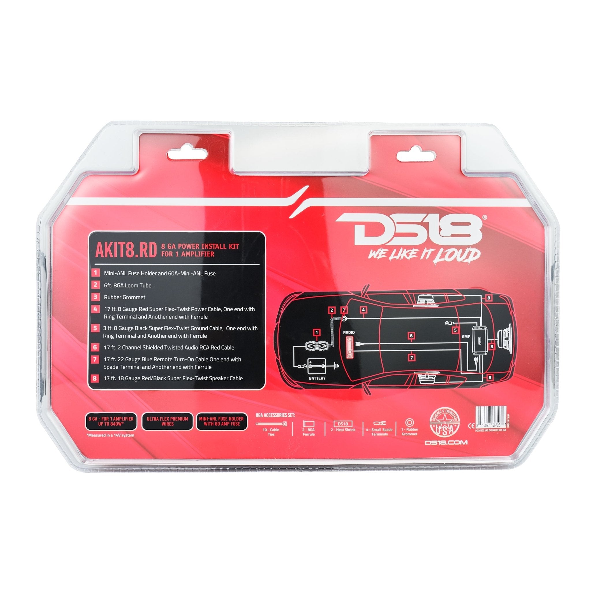 8-GA Amplifier Installation Wiring Kit - Red