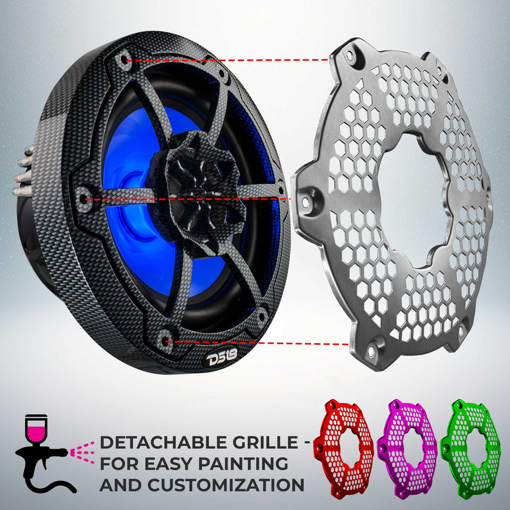 NXL 6.5" 2-Way Coaxial Marine Speaker With LED RGB Lights 100 Watts Rms 4-Ohm - Black Carbon Fiber