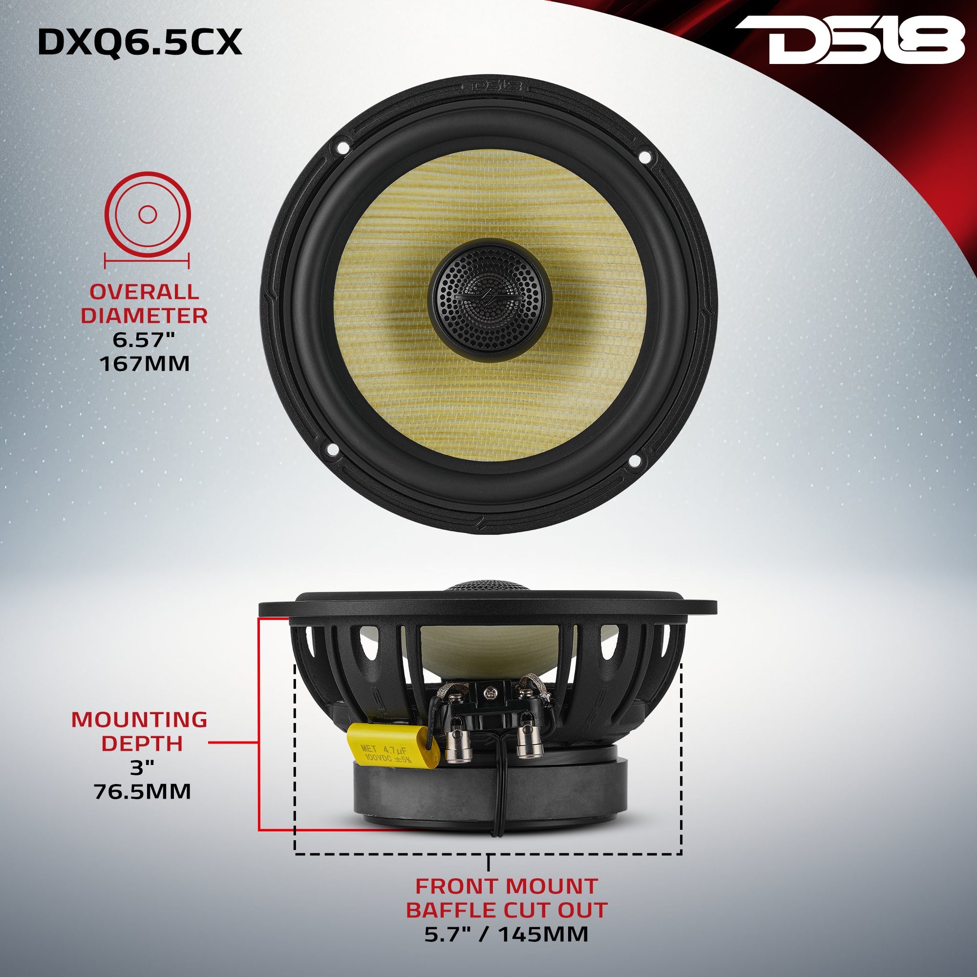 DXQ 6.5" 2-Way Coaxial Speaker with Yellow Straw and Composite Foam Cone | 150W RMS 4-Ohm
