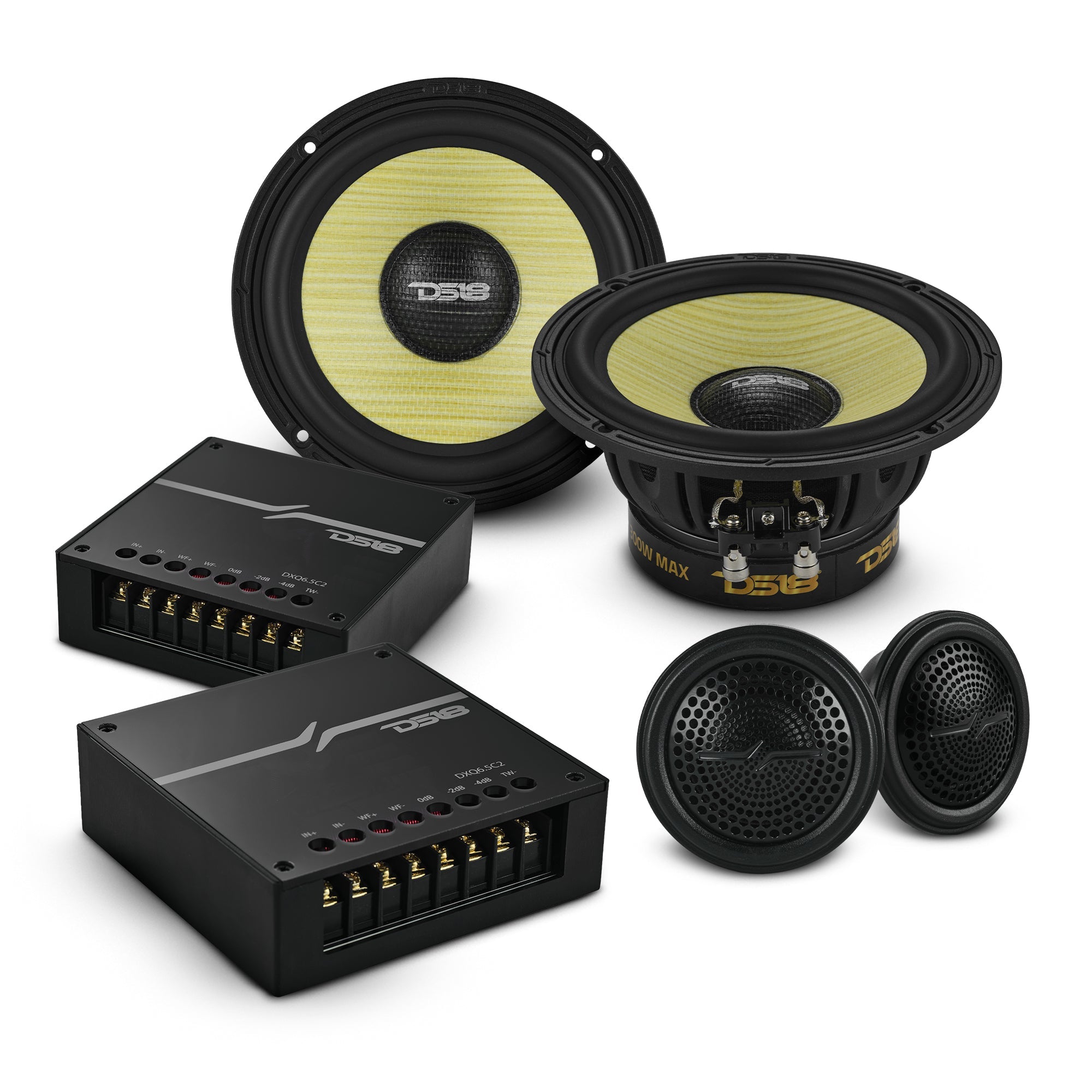 DXQ 6.5" 2-Way Component Speaker Set with Yellow Straw + Composite Foam Cone | 150W RMS 4-Ohm