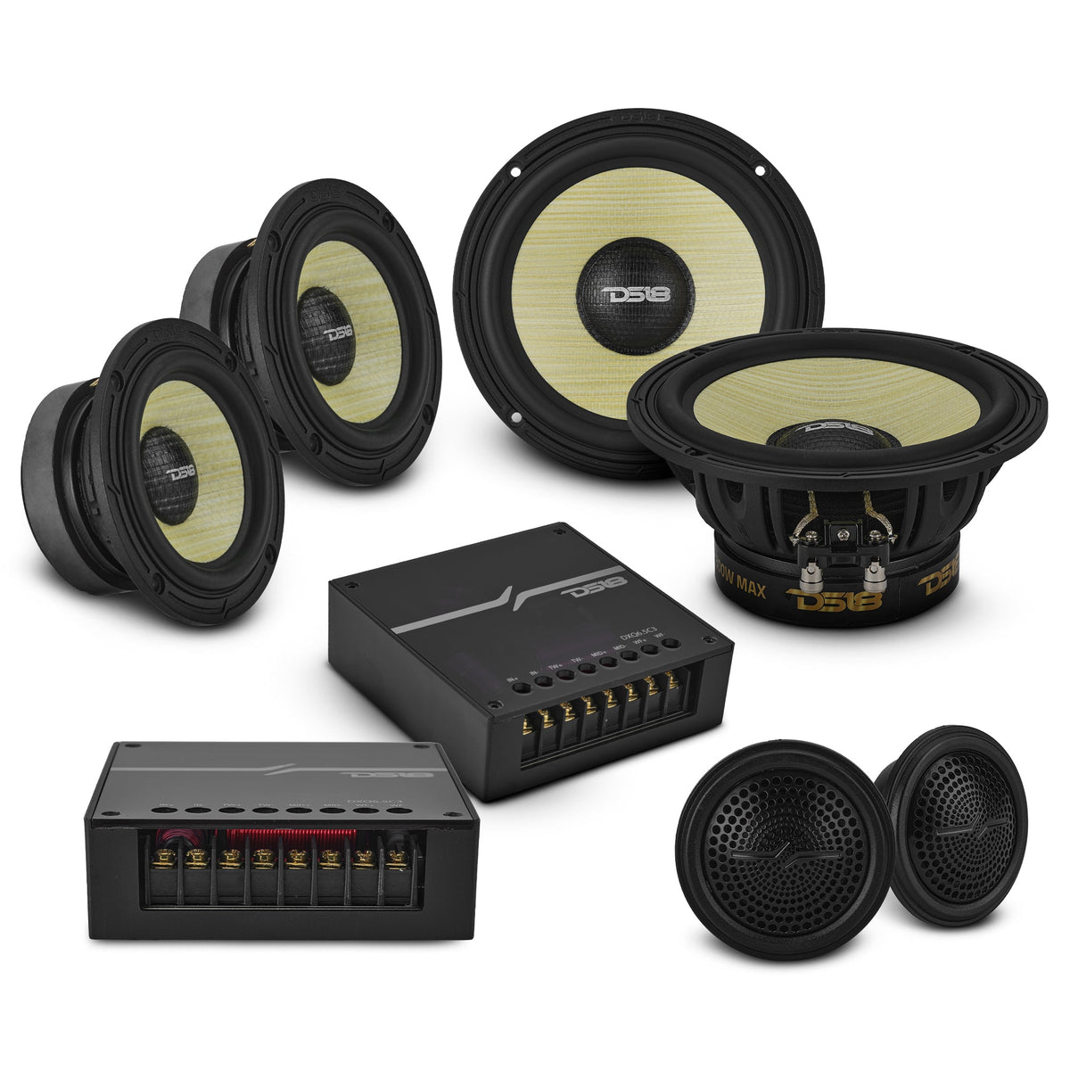 DXQ 6.5" 3-Way Component Speaker Set with Yellow Straw + Composite Foam Cone | 150W RMS 4-Ohm