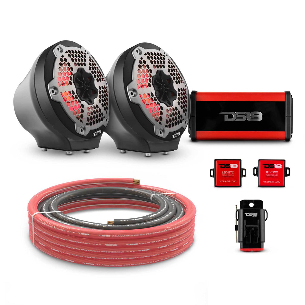 6.5" Loaded Flat Mount Speaker Pods with Amplifier, Installation Kit and RGB LED Lights, Package for Can-Am Spyder & Ryker