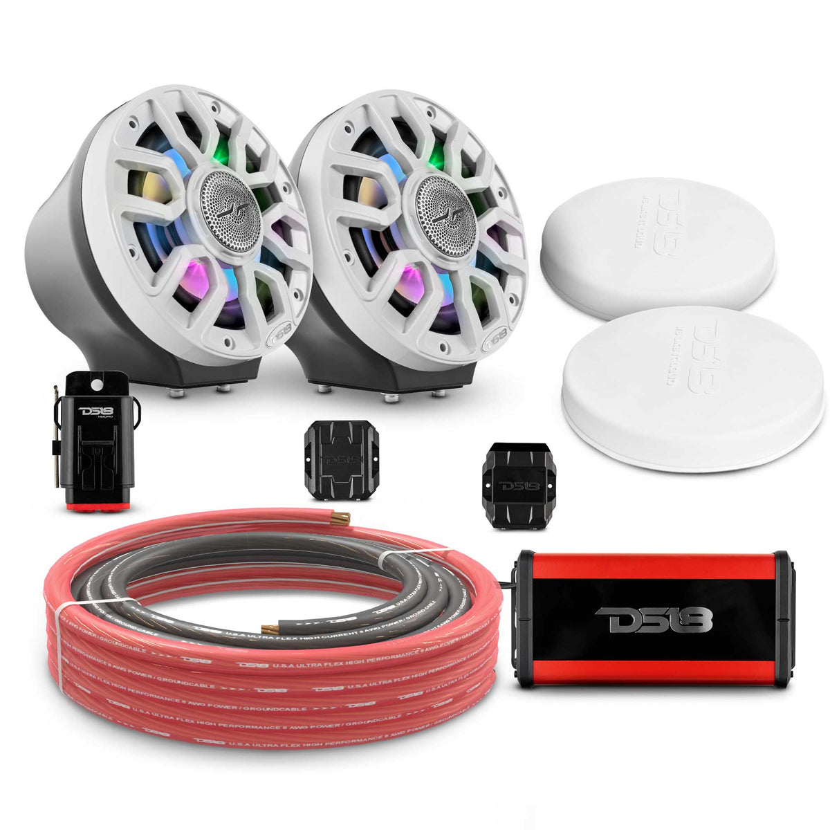 6.5" Loaded Flat Mount Speaker Pods with Amplifier, Installation Kit and Digital LED Lights, Package for Can-Am Spyder & Ryker