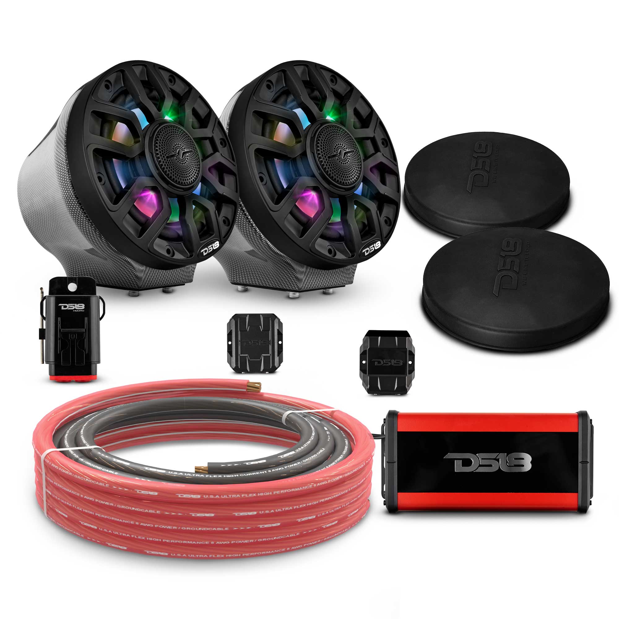 6.5" Loaded Flat Mount Speaker Pods with Amplifier, Installation Kit and Digital LED Lights, Package for Can-Am Spyder & Ryker