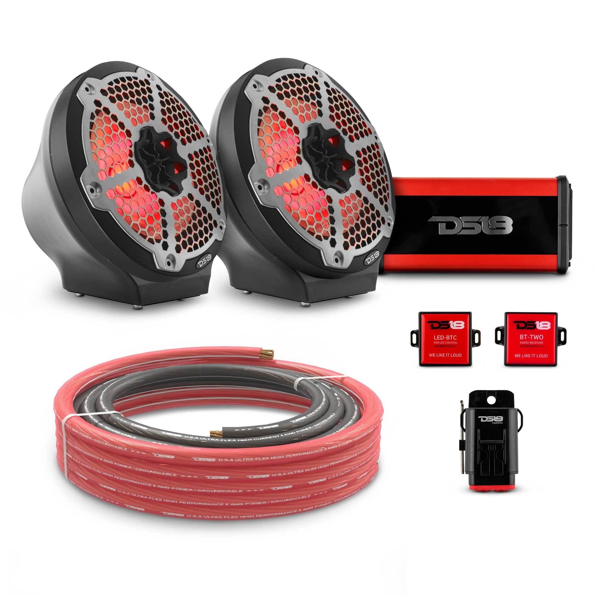 8" Loaded Flat Mount Speaker Pods with Amplifier, Installation Kit and RGB LED Lights, Package for Can-Am Spyder & Ryker