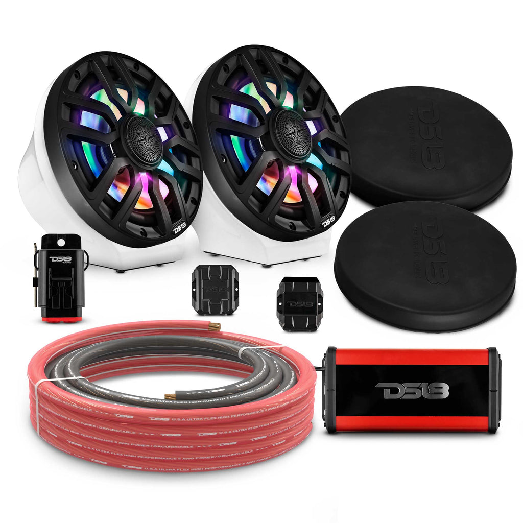 8" Loaded Flat Mount Speaker Pods with Amplifier, Installation Kit and Digital LED Lights, Package for Can-Am Spyder & Ryker