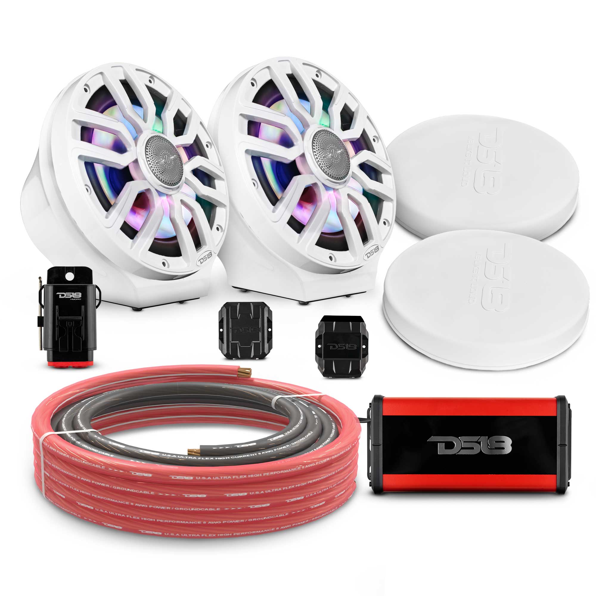 8" Loaded Flat Mount Speaker Pods with Amplifier, Installation Kit and Digital LED Lights, Package for Can-Am Spyder & Ryker