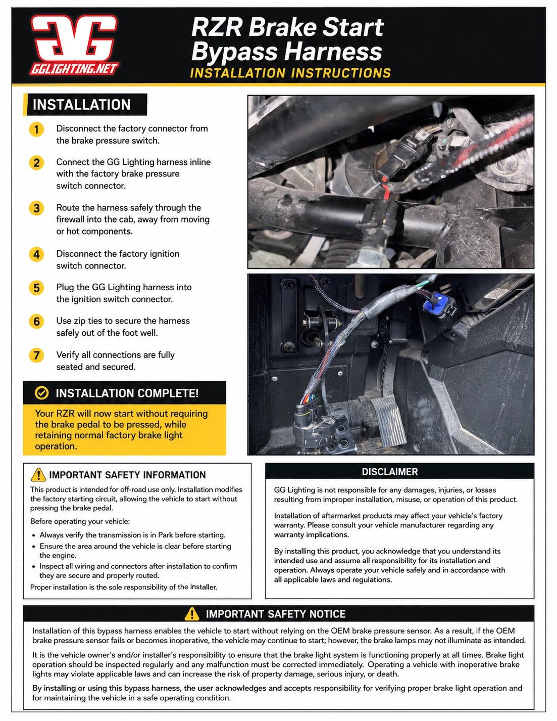 Rzr Pro 2020+ Brake Bypass Harness