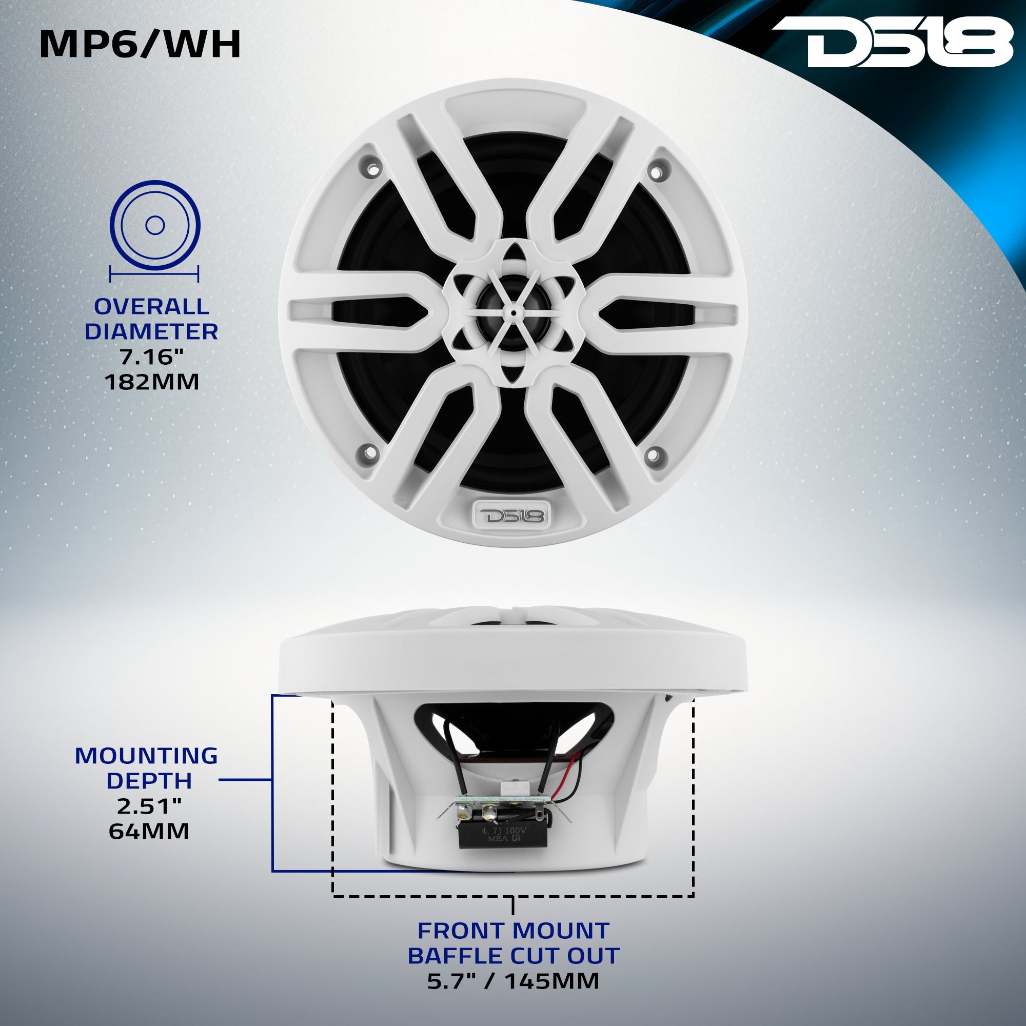 MP 6.5" 2-Way Coaxial Marine Speaker 60 Watts Rms 4-Ohm -White