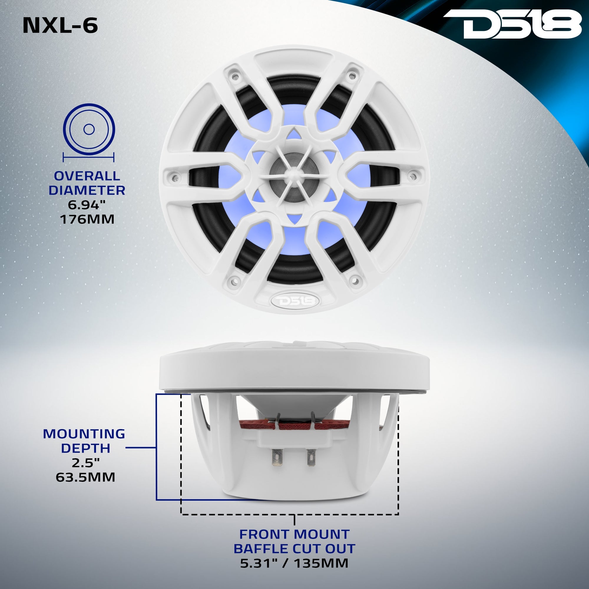 NXL 6.5" 2-Way Coaxial Marine Speaker with LED RGB Lights | 100W RMS 4-Ohm
