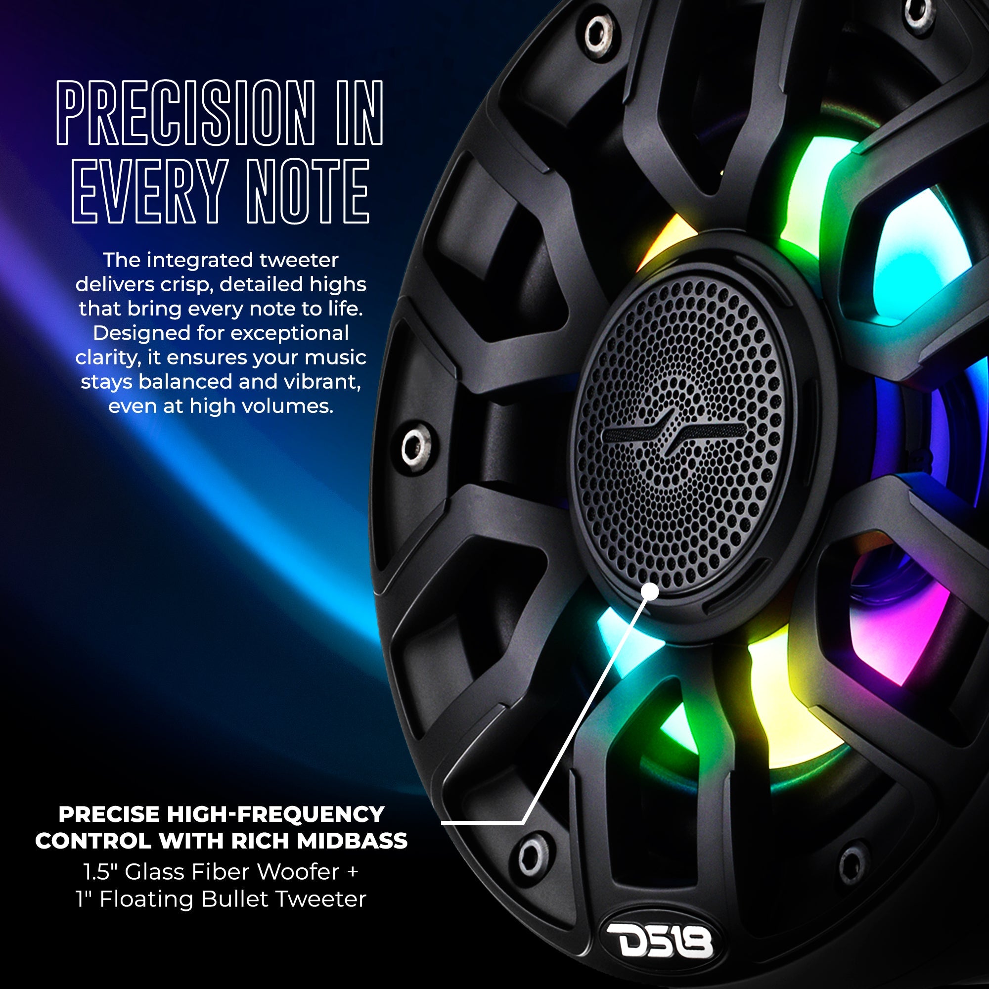 6.5" NXL-iQ Marine Short Tower Coaxial Speakers with Digital LED Lights, 150W RMS, 300W Max, 4-Ohm