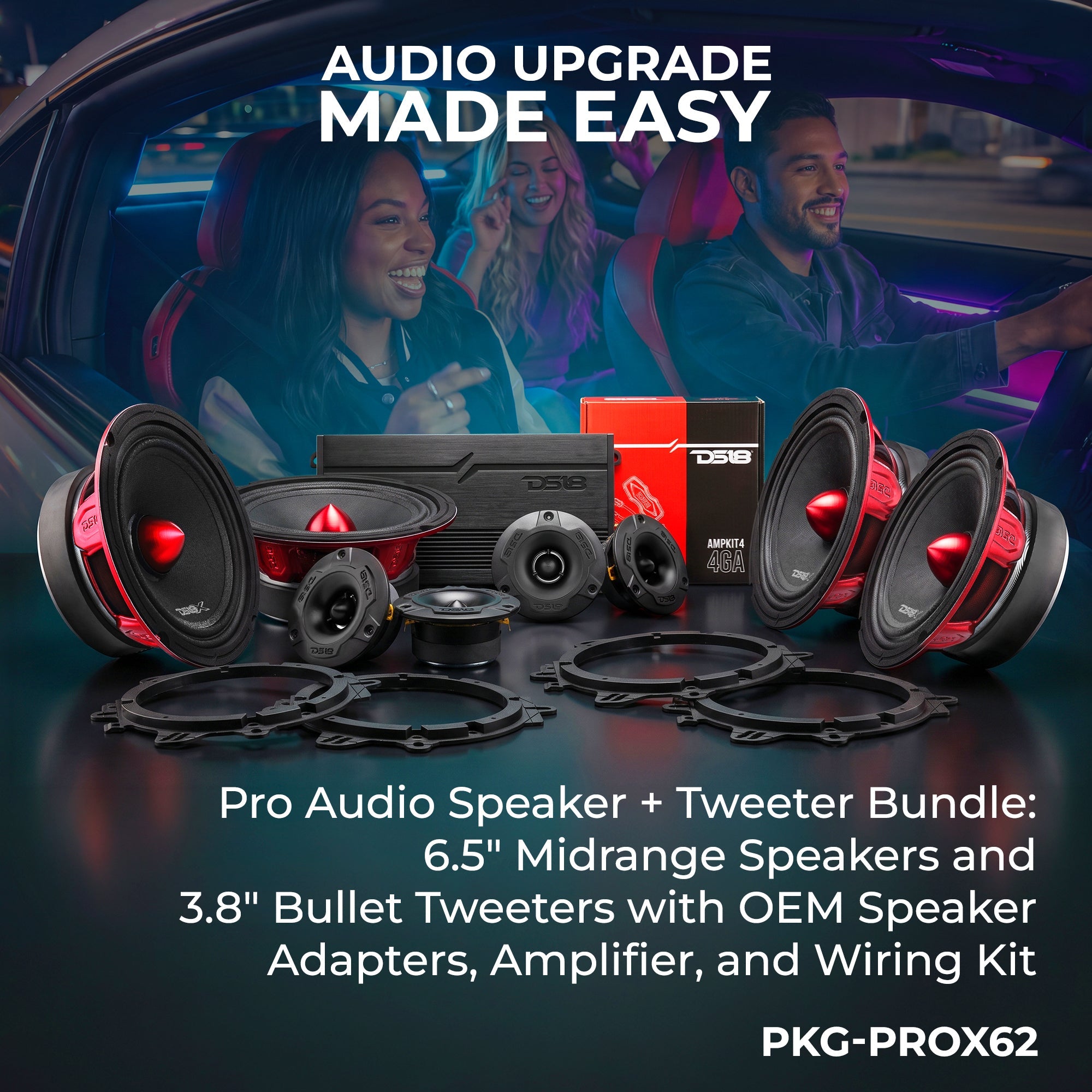Pro Audio Speaker + Tweeter Bundle: 6.5" Midrange Speakers and 3.8" Bullet Tweeters with OEM Speaker Adapters, Amplifier, and Wiring Kit