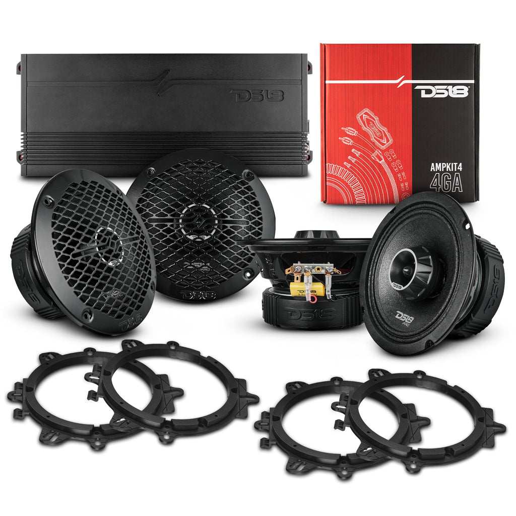 Pro Audio Speaker Bundle: 6.5" Midrange Coaxial Speakers with OEM Speaker Adapters, Amplifier, and Wiring Kit