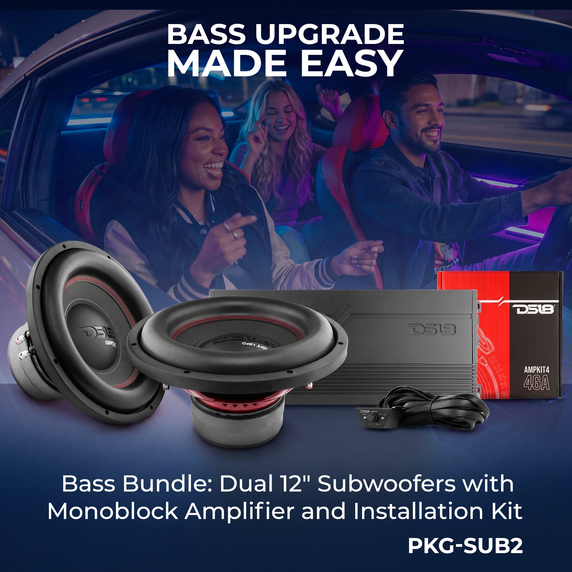 Bass Bundle: Dual 12" Subwoofers with Monoblock Amplifier and Installation Kit