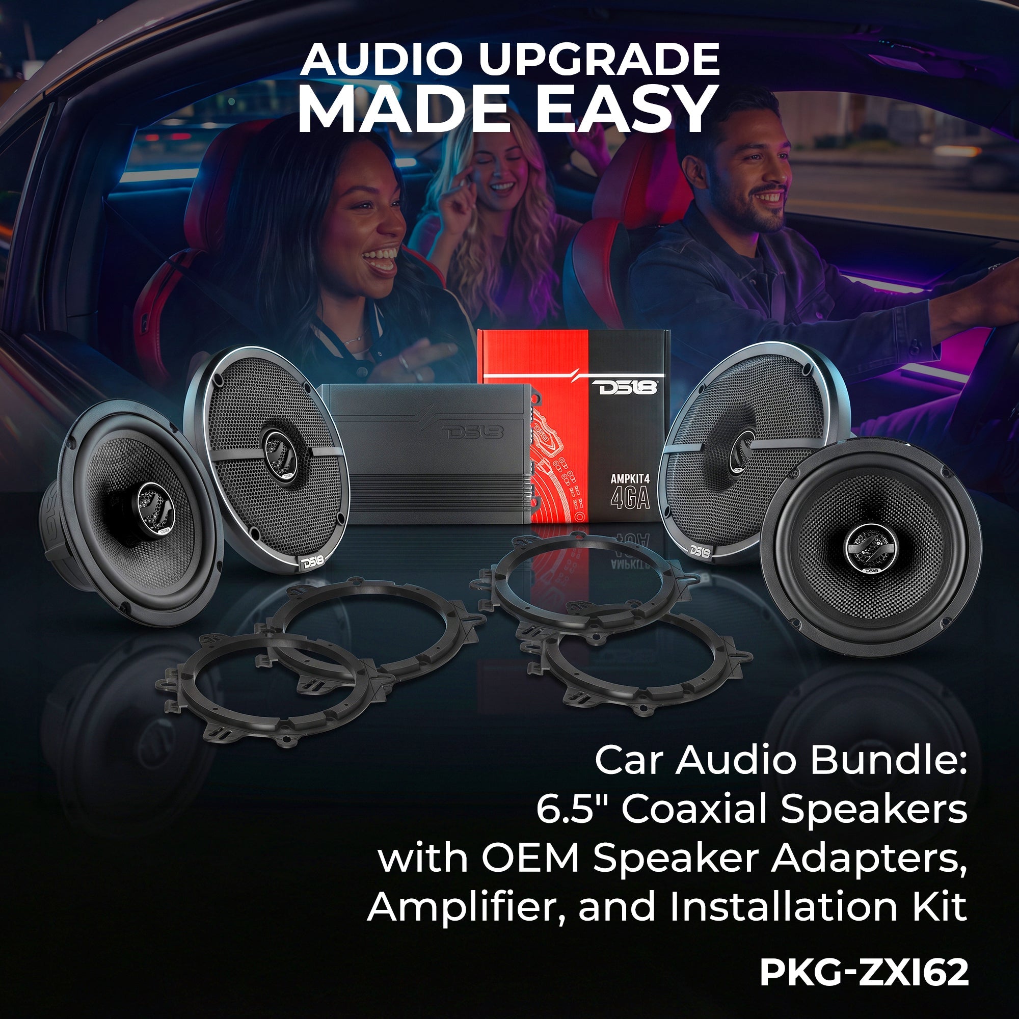 Car Audio Bundle: 6.5" Coaxial Speakers with OEM Speaker Adapters, Amplifier, and Installation Kit