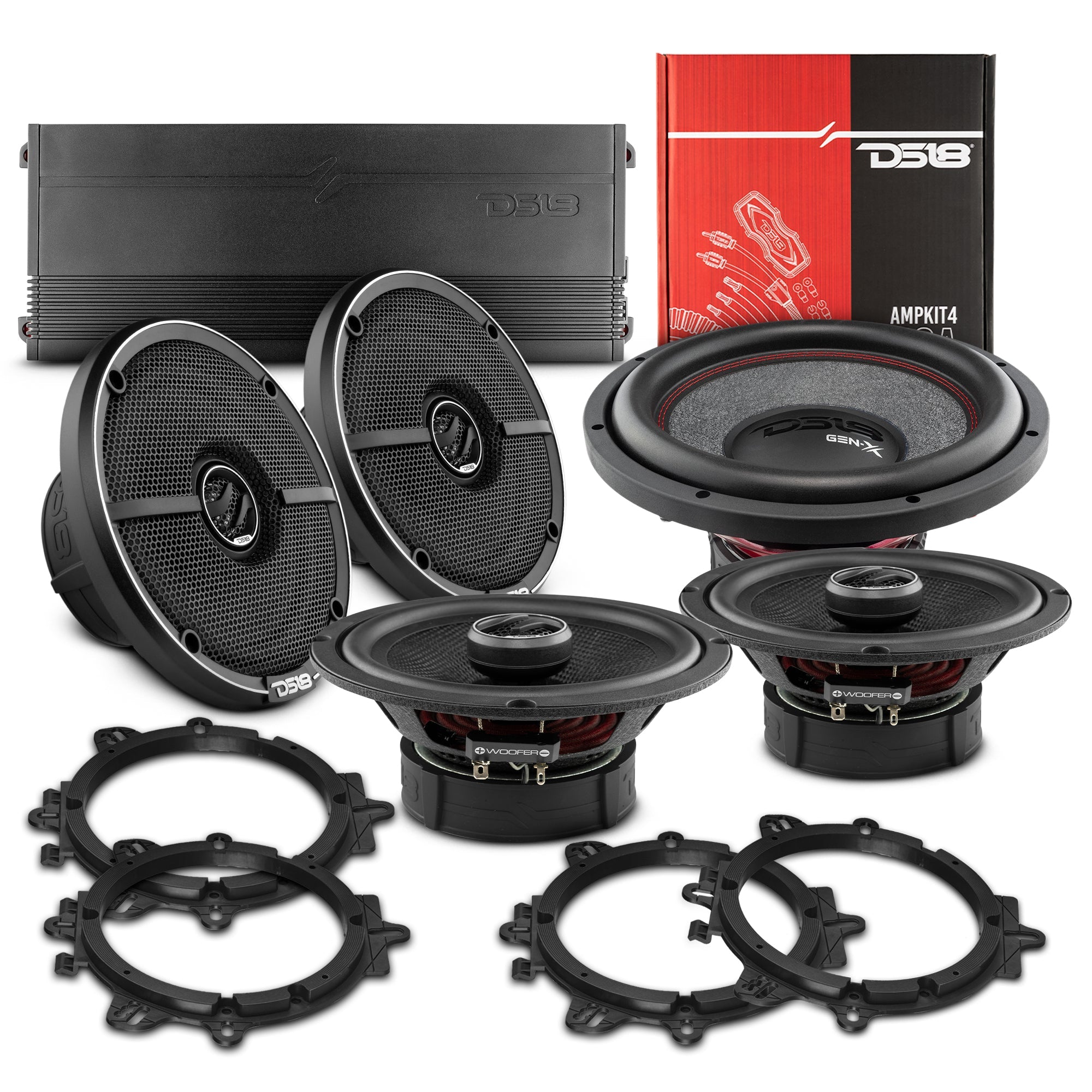 Car Audio + Bass Bundle: 6.5" Coaxial Speakers and 12" Subwoofer with Amplifier and Installation Kit