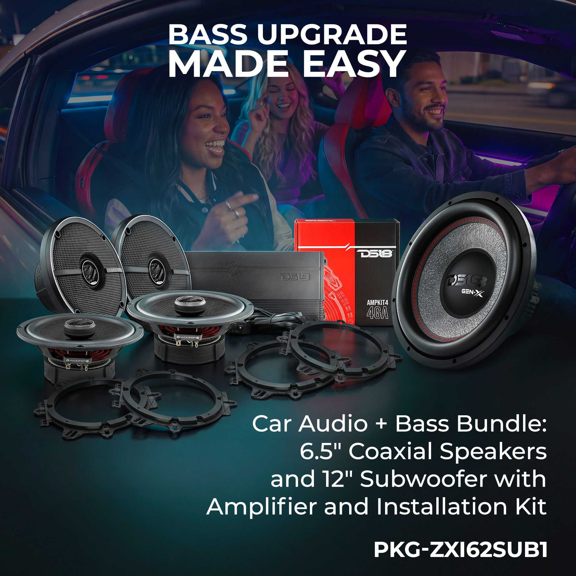 Car Audio + Bass Bundle: 6.5" Coaxial Speakers and 12" Subwoofer with Amplifier and Installation Kit