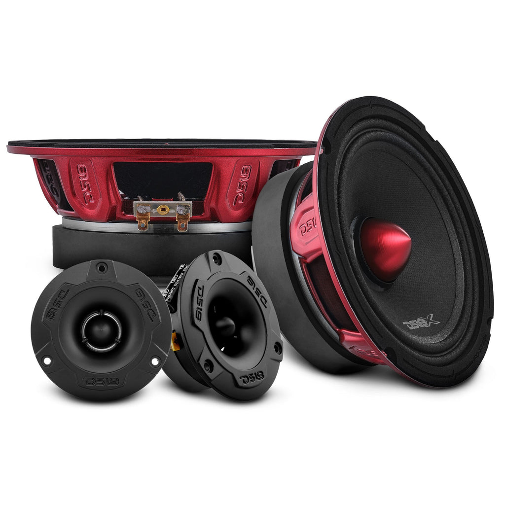 Pro Audio Speaker + Tweeter Bundle: 6.5" Midrange Speakers and 3.8" Bullet Tweeters with OEM Speaker Adapters, Amplifier, and Wiring Kit