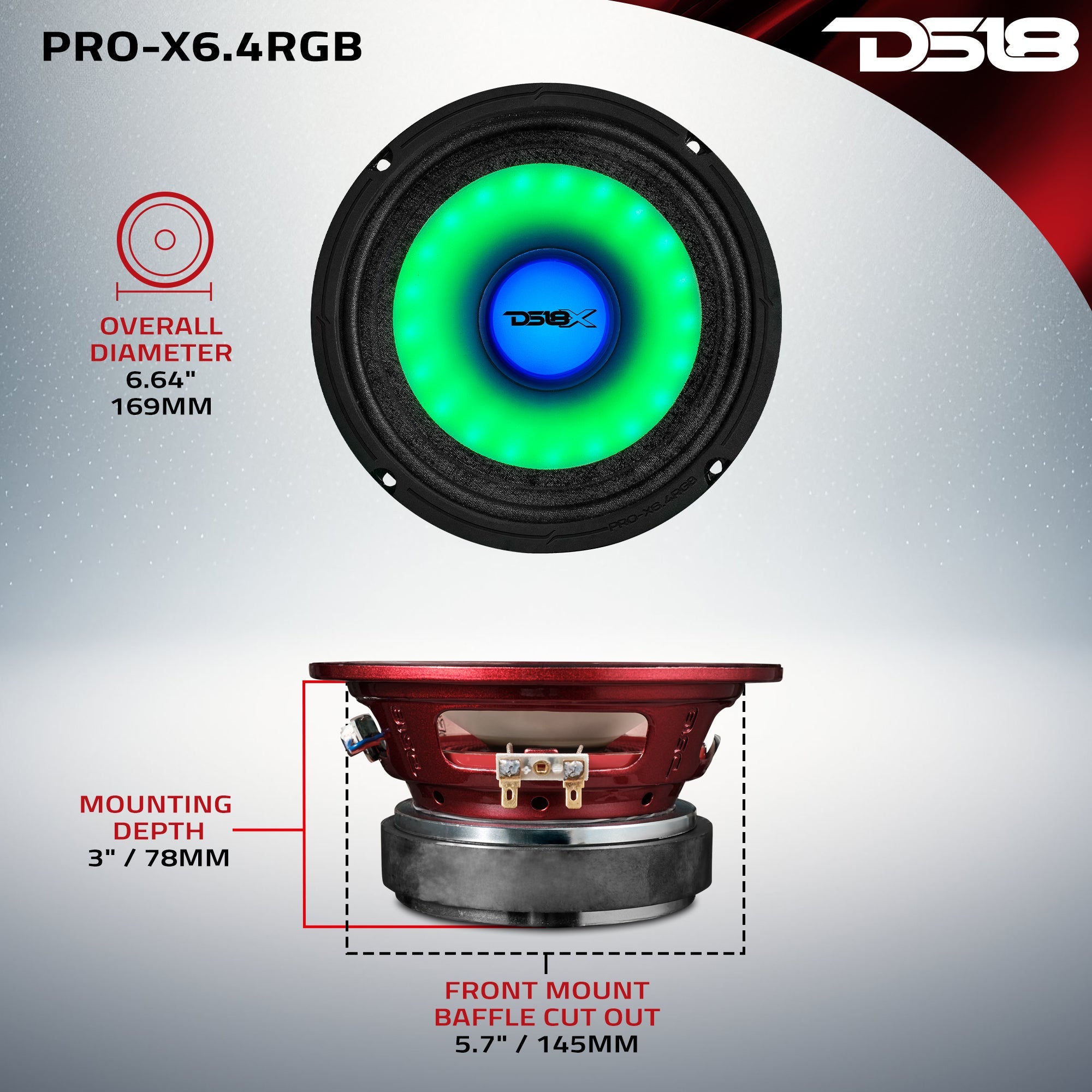 6.5" Mid-Range Loudspeaker with Dual RGB LED For Cone & Dust Cap 250 Watts 4-Ohm