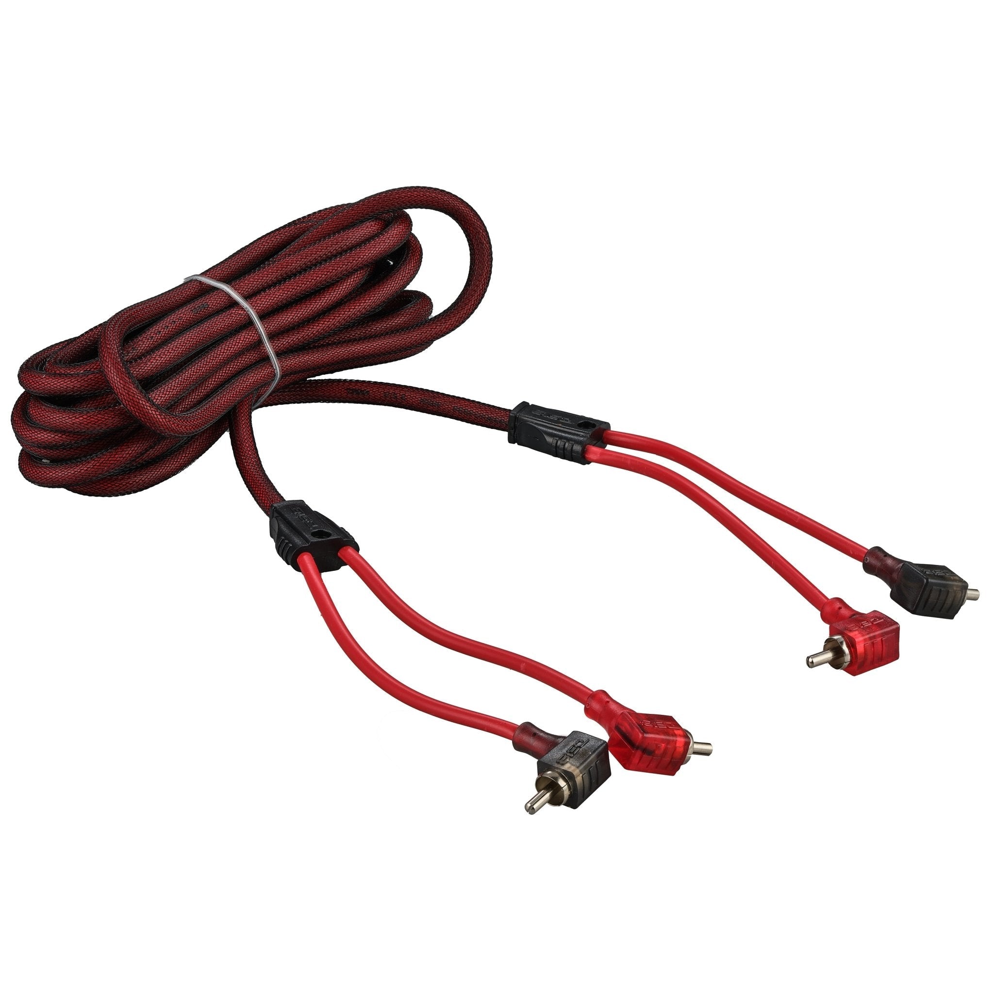 100% OFC Ultra Flex 2-Channel RCA with 90 Degree Ends, Dual Twist Wire, Red Braided Jacket - 16 ft