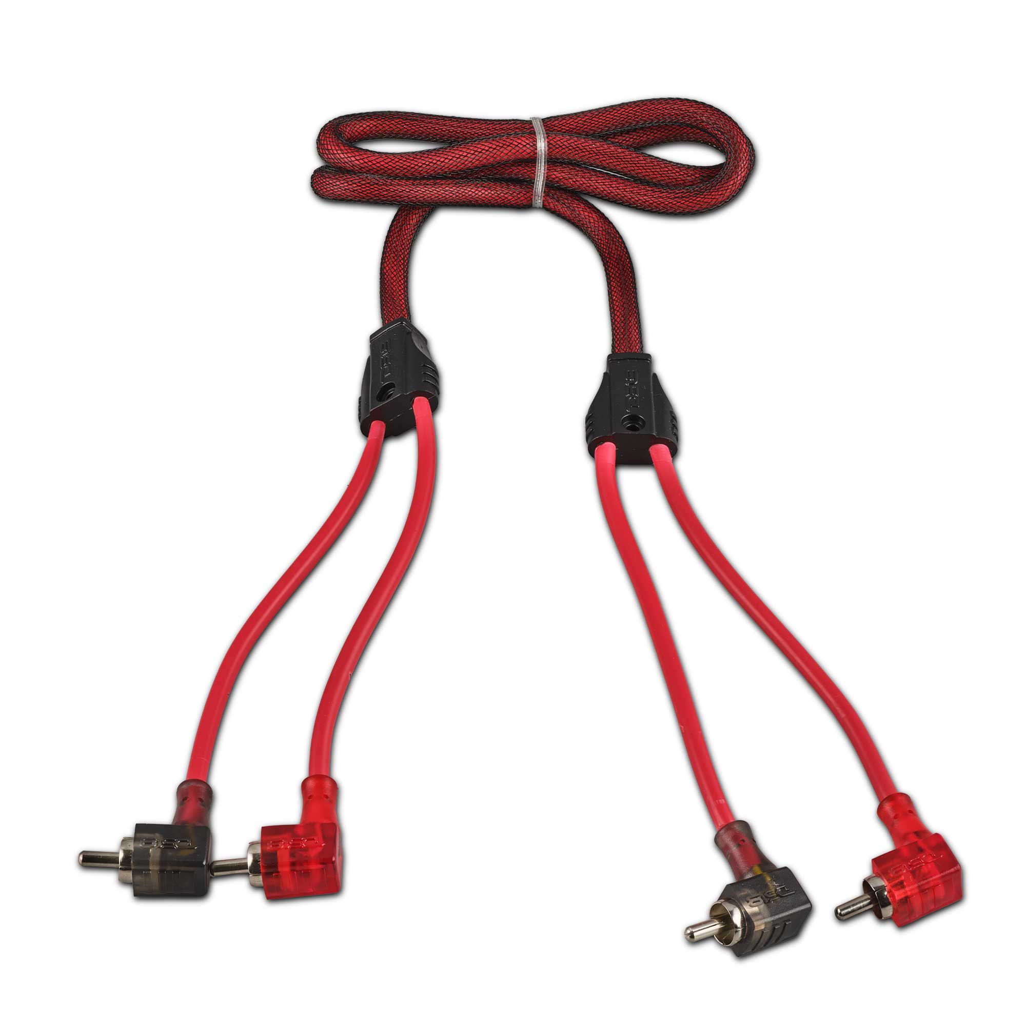 100% OFC Ultra Flex 2-Channel RCA with 90 Degree Ends, Dual Twist Wire, Red Braided Jacket - 3 ft
