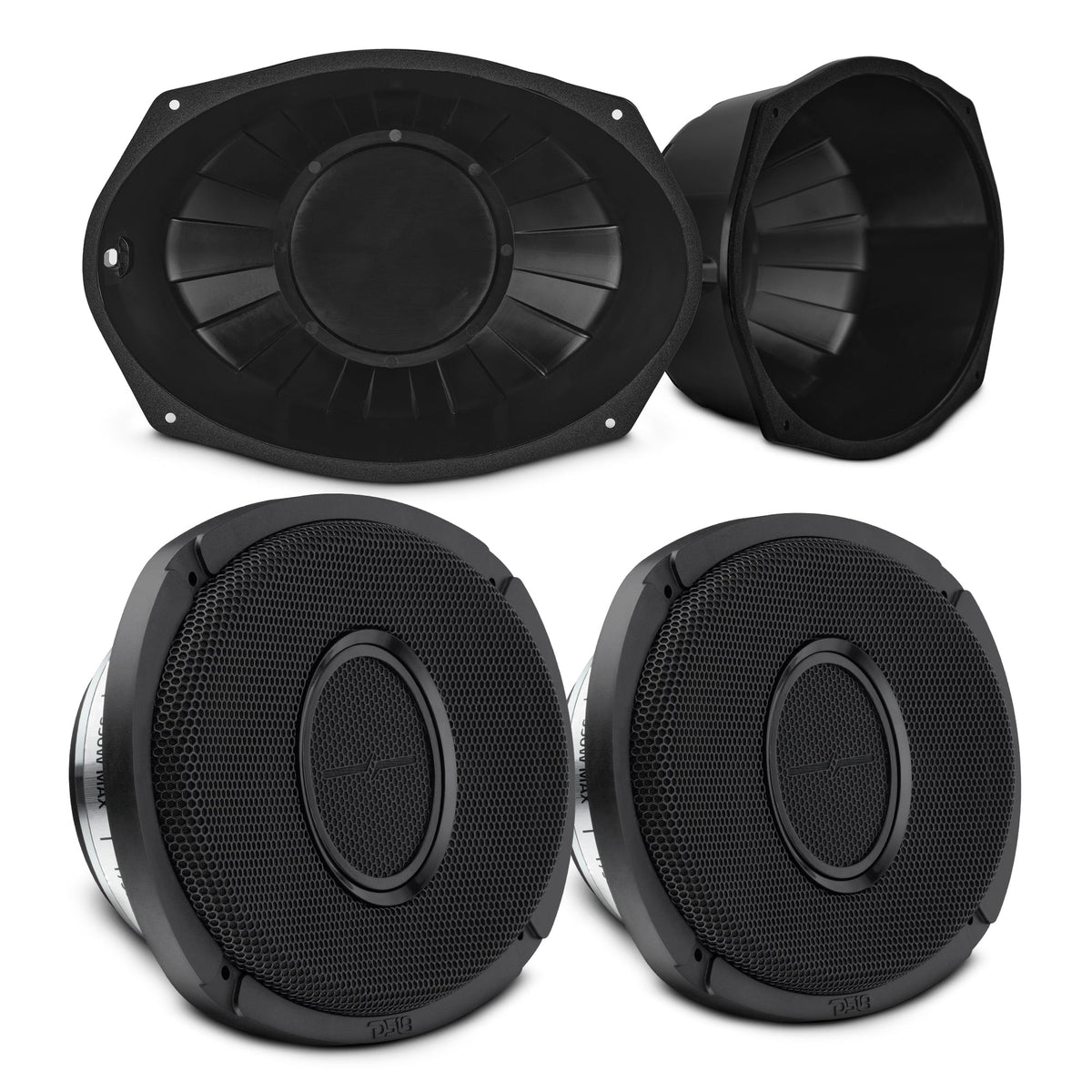 6x9” Hybrid Motorcycle Speaker Bundle – Slim 2-Way Loudspeakers + Sealed ABS Baffles (Pair) | IP65 Water-Resistant, High Output