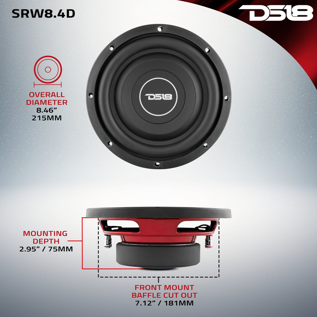 SRW Shallow-Mount 8" Subwoofer 150 Watts Rms DVC 4-Ohm